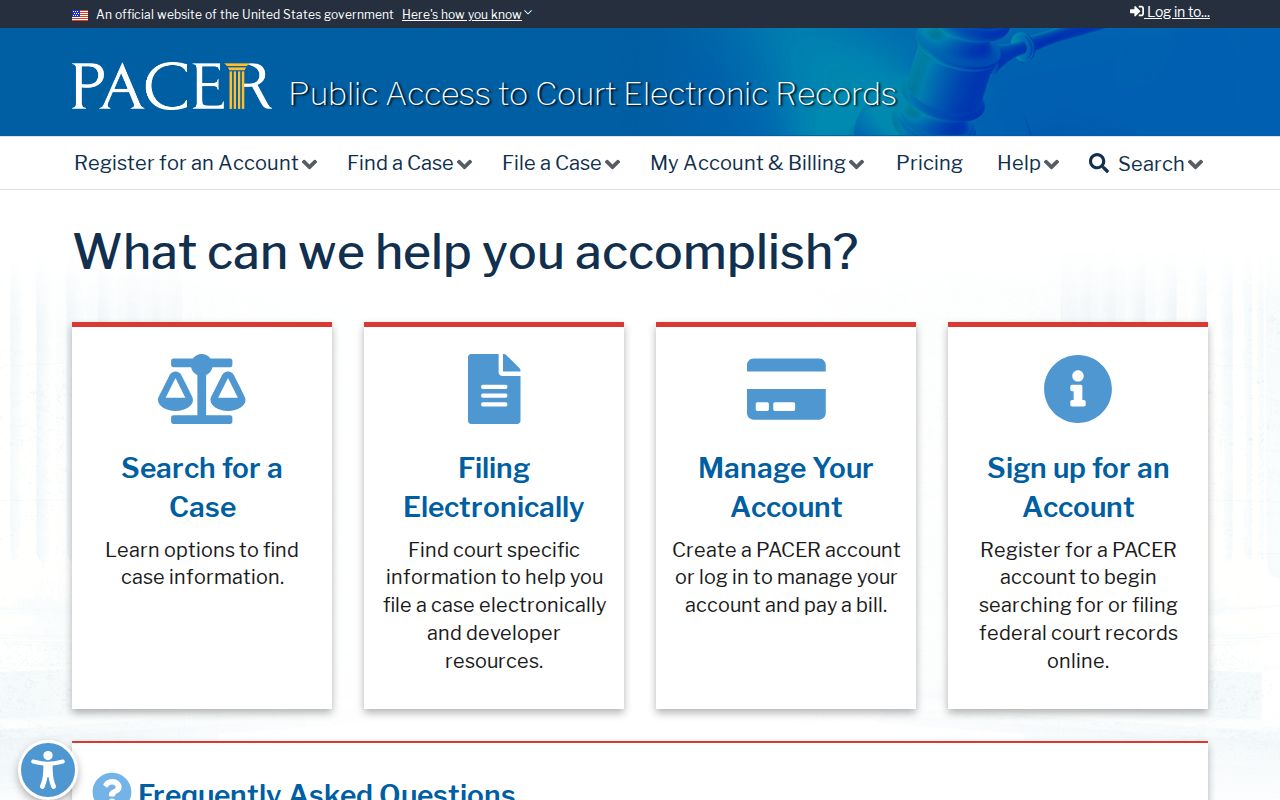 PACER official federal court records service page