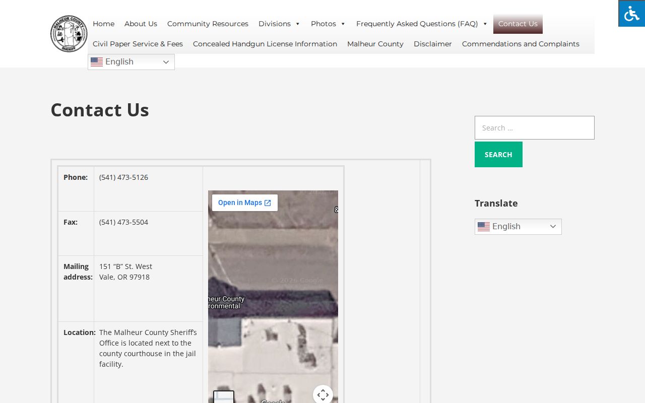 Malheur County Sheriff's Office contact page for arrest and jail record questions