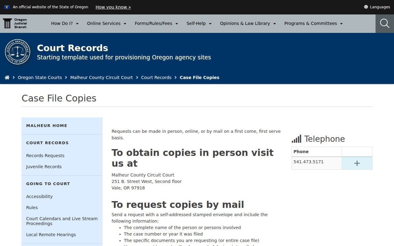 Malheur Circuit Court case file copy methods and fee schedule