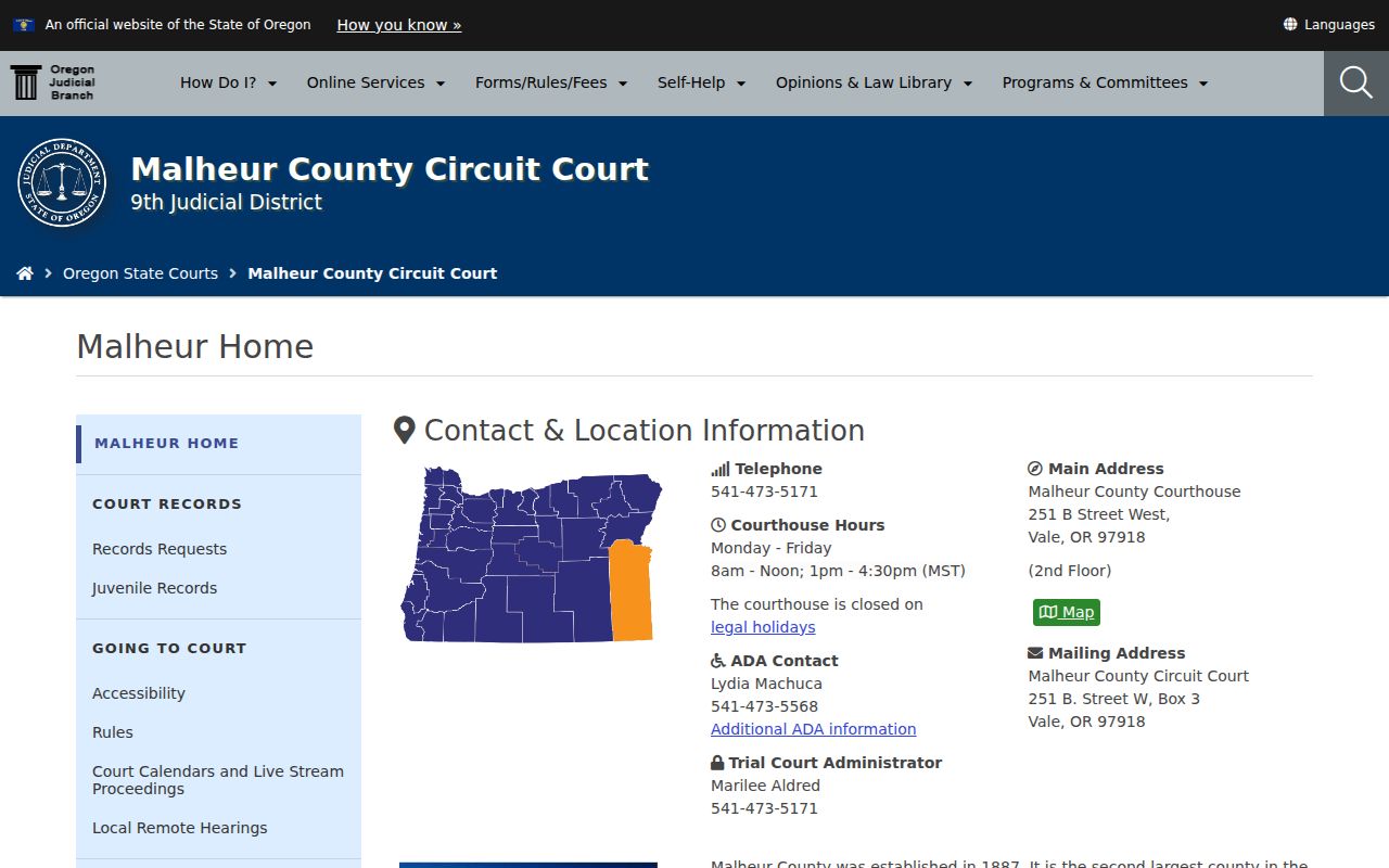 Oregon Judicial Department page for the Malheur County Courthouse in Vale