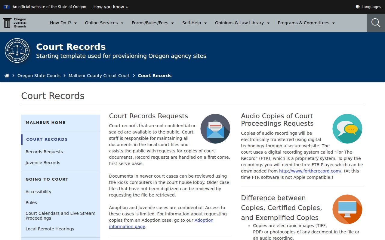 Malheur Circuit Court records page with local case record routes