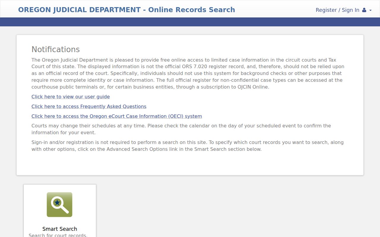 OJD Free Online Record Search interface for Oregon court cases
