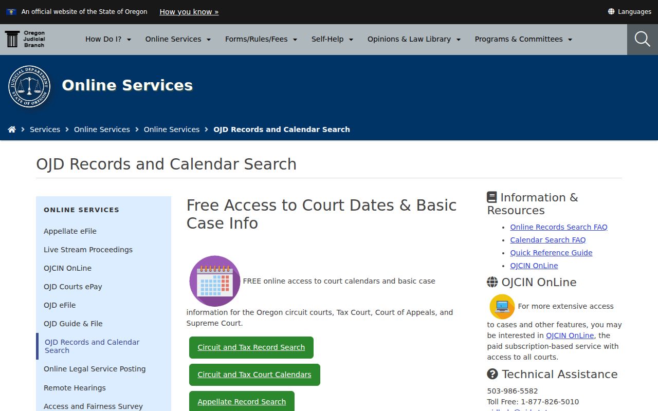 Oregon court records and calendars page linking free search and OJCIN