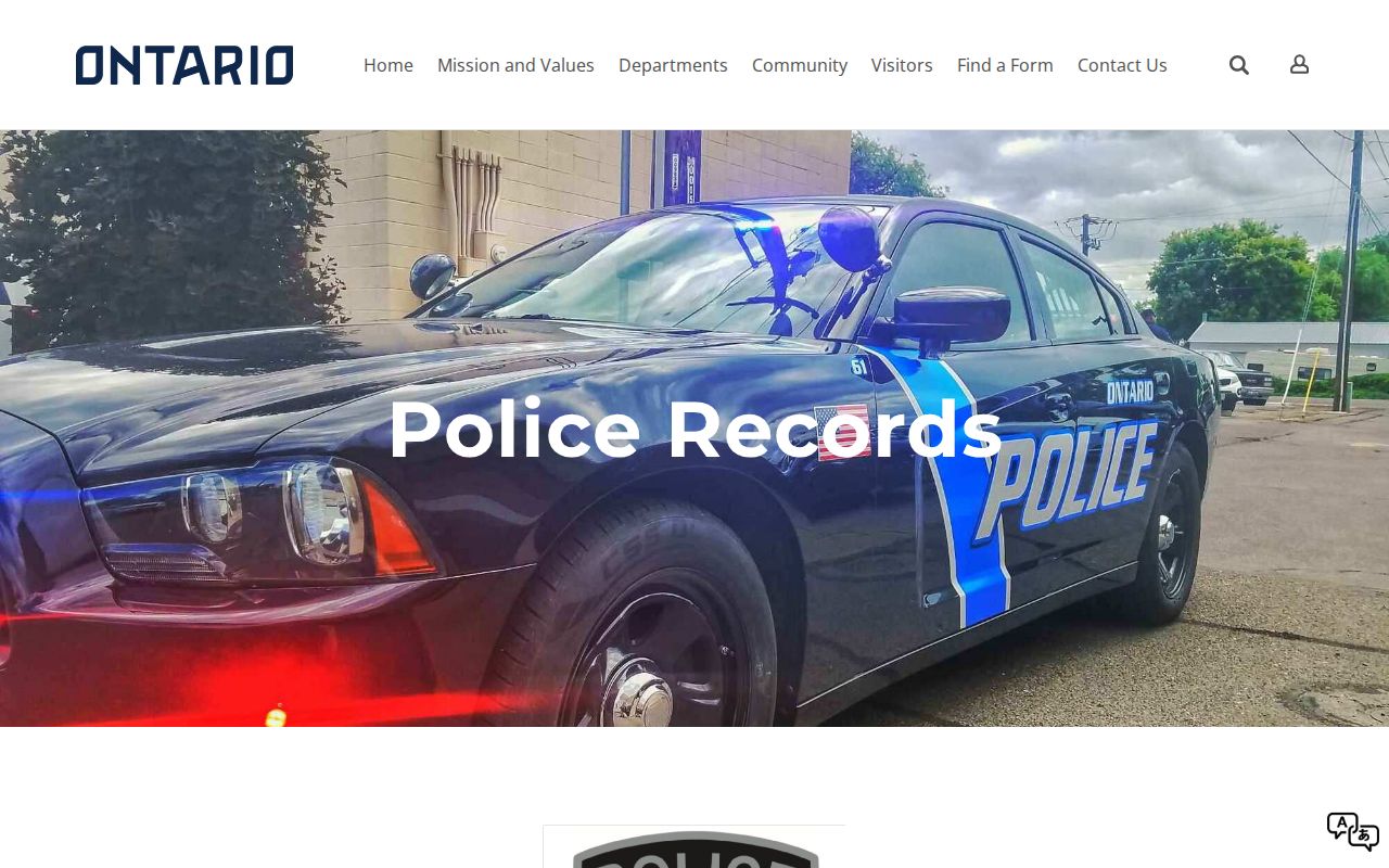 Ontario Police Records request page for local criminal and incident records