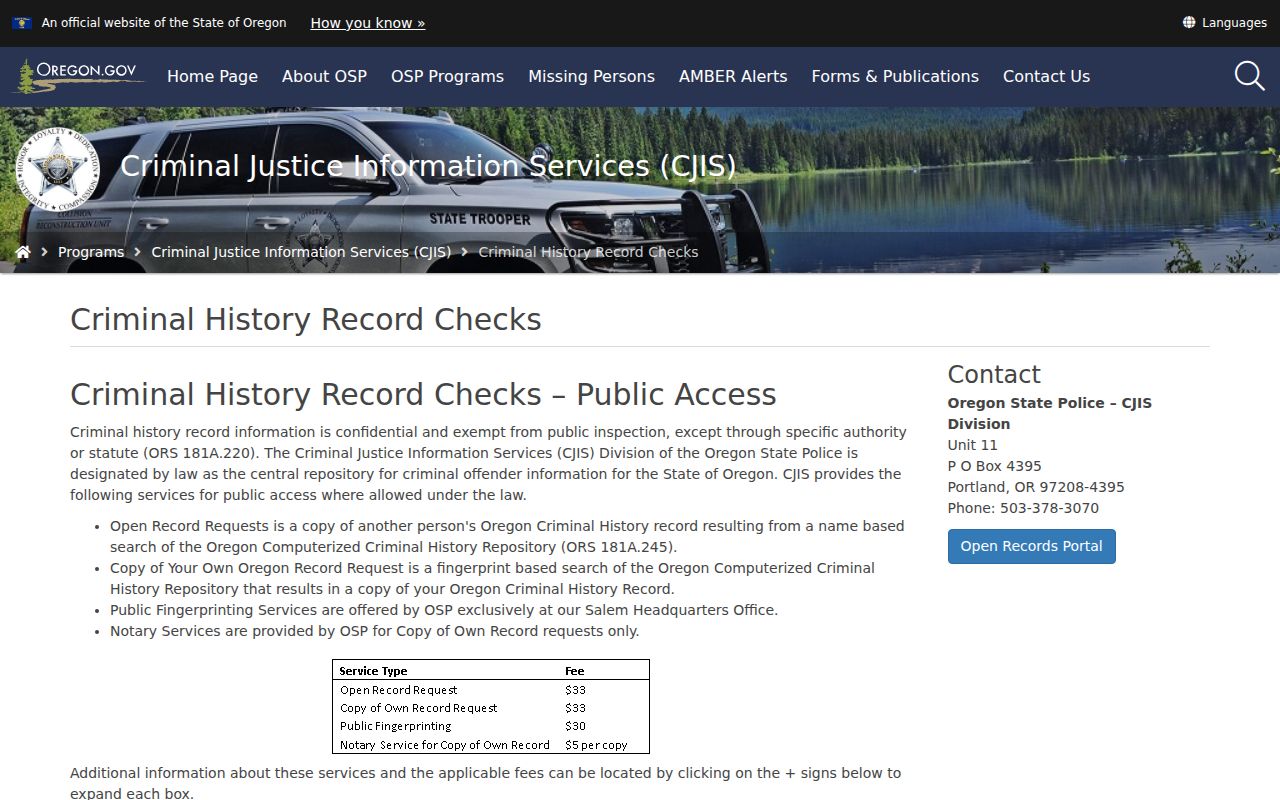 Malheur County criminal history Oregon State Police options